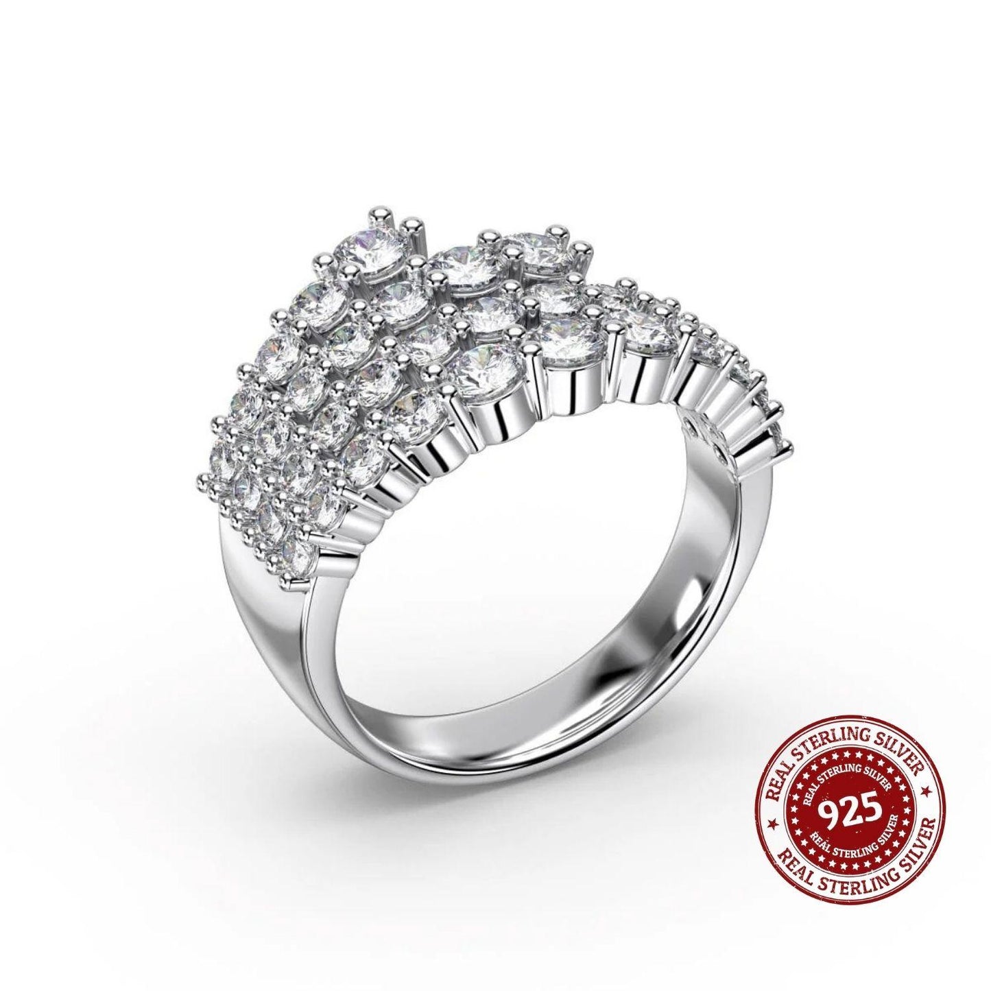 Silver ring with gemstones on a white background, featuring a 'Real Sterling Silver 925' stamp.