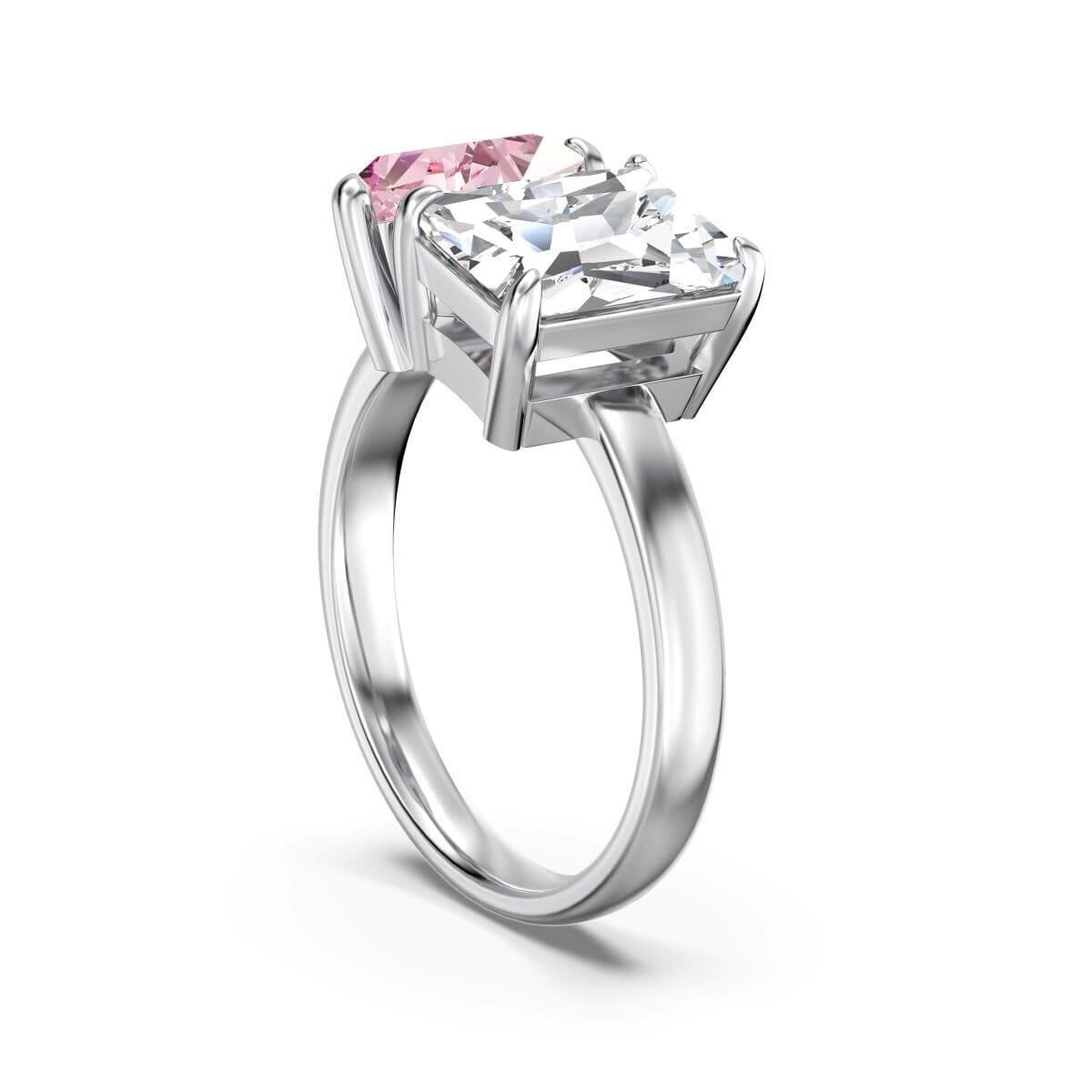 Silver ring with pink and clear square gemstones.