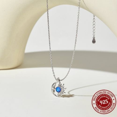 Sterling Silver Blue Opal Moon and Sun Pendant Necklace - OLADOR