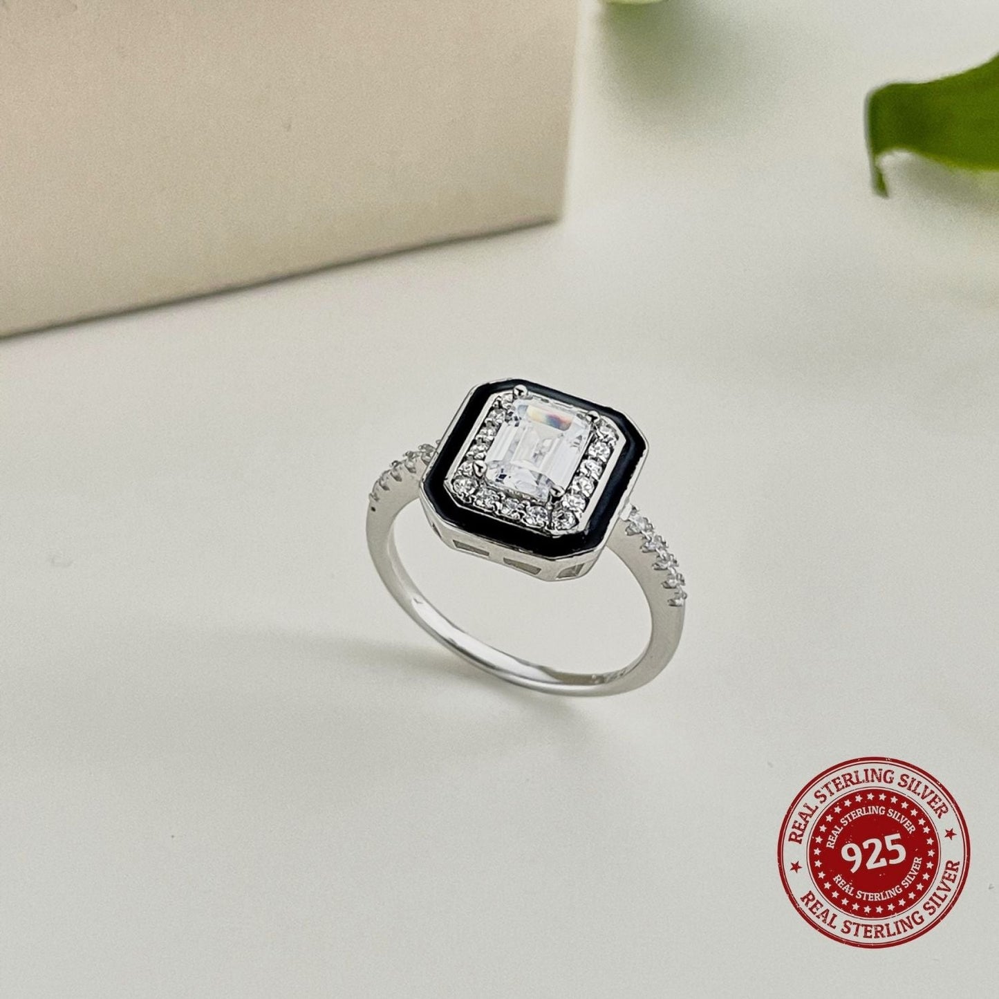 Sterling Silver CZ and Black Enamel Art Deco Ring - OLADOR