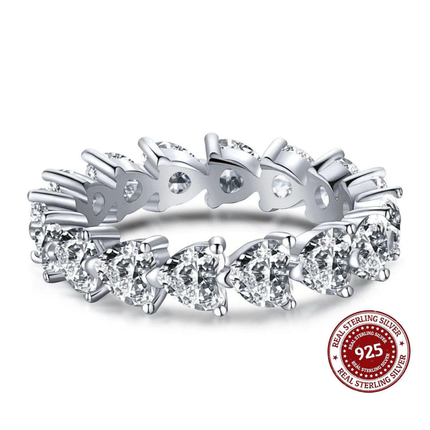 Silver ring with diamond accents and a 'Real Sterling Silver 925' stamp on a white background