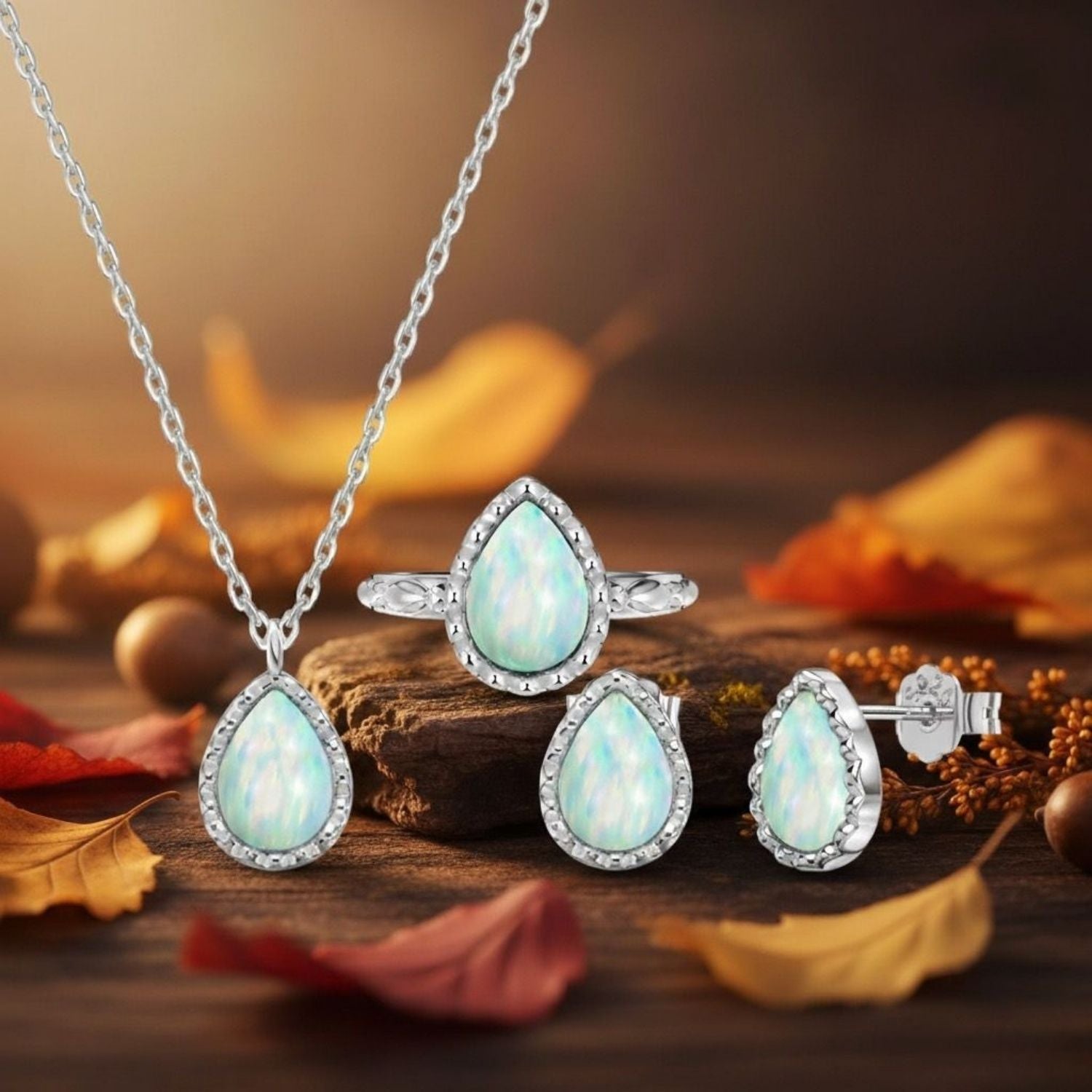 Jewelry set with teardrop-shaped gemstones on a wooden surface with autumn leaves.