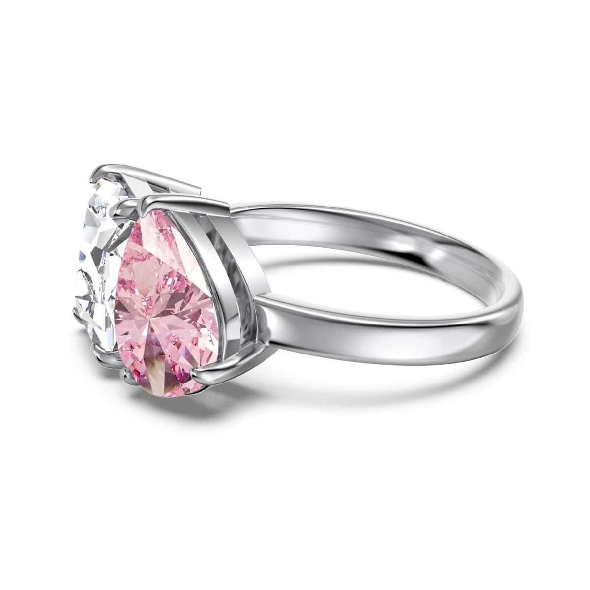 Silver ring with white and pink gemstones.
