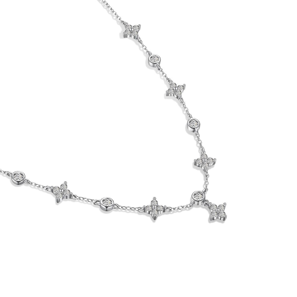A silver chain necklace featuring flower and circular jewel accents.
