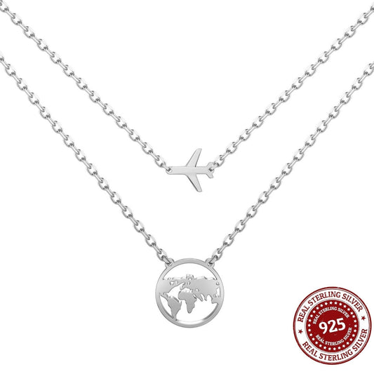 Dainty World Map and Airplane Layered Necklace - OLADOR