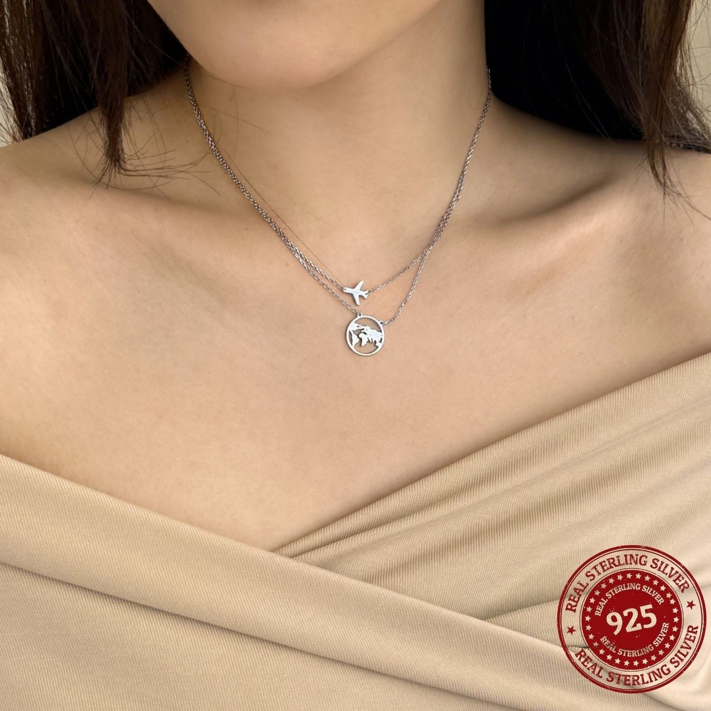 Dainty World Map and Airplane Layered Necklace - OLADOR