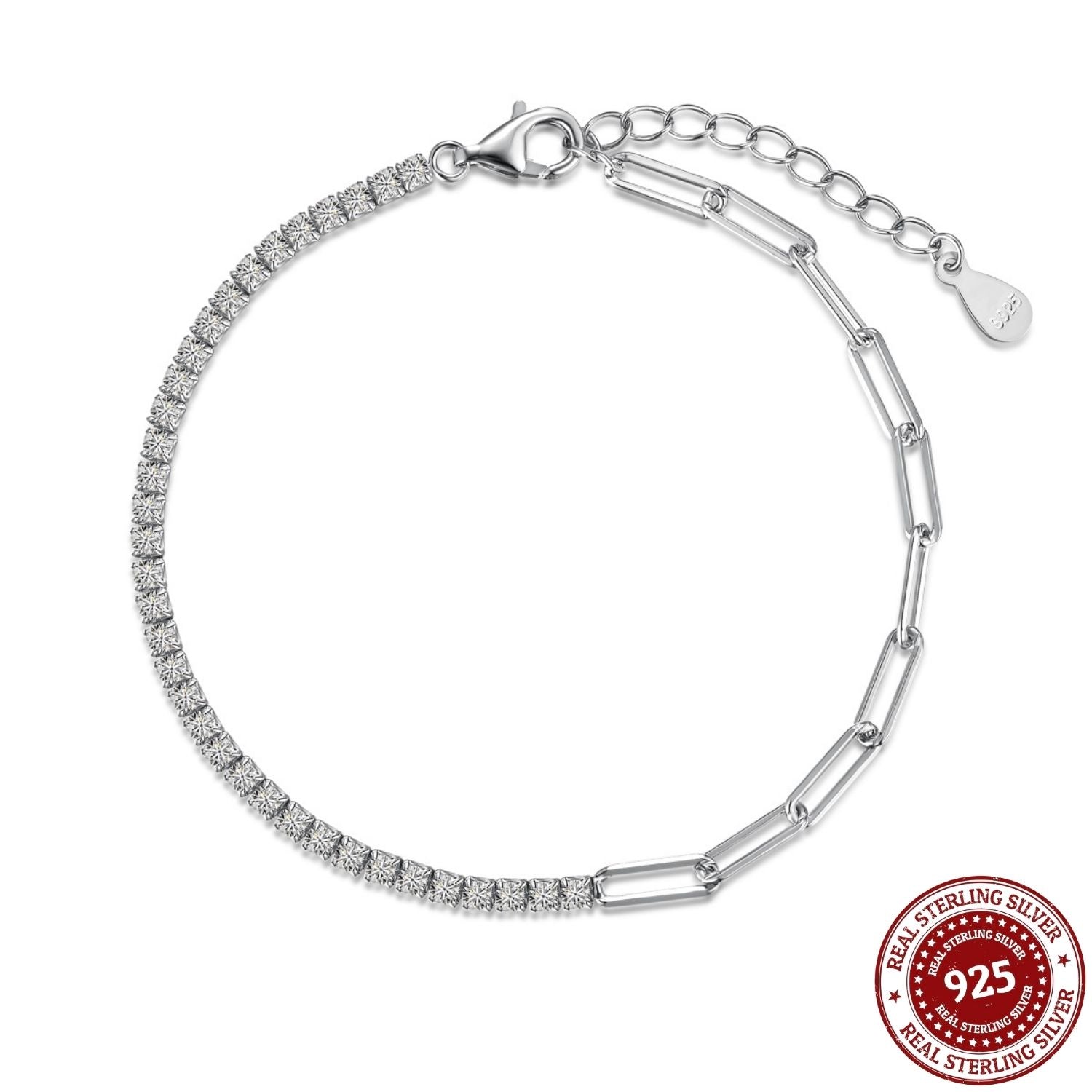 Half Tennis Half Paperclip Silver Bracelet - OLADOR