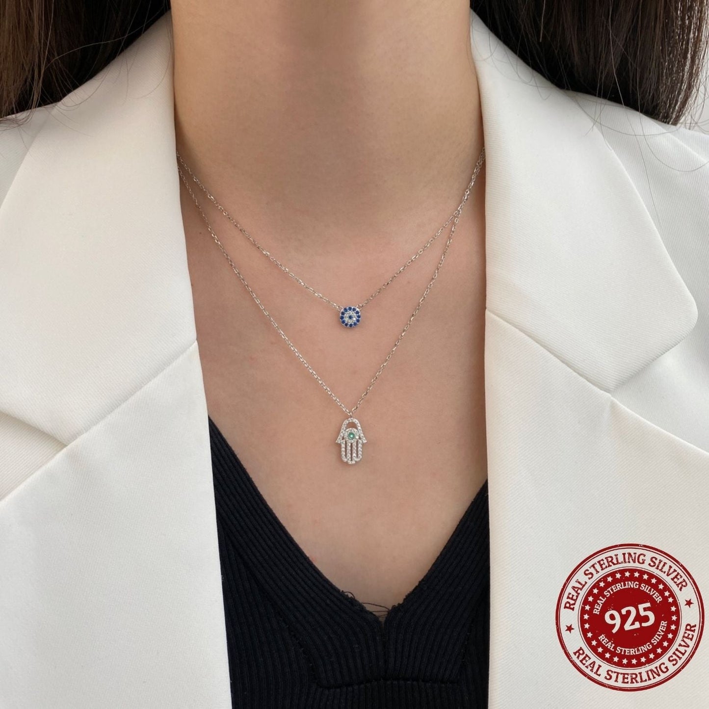 Hamsa Hand & Evil Eye Silver Necklace - OLADOR