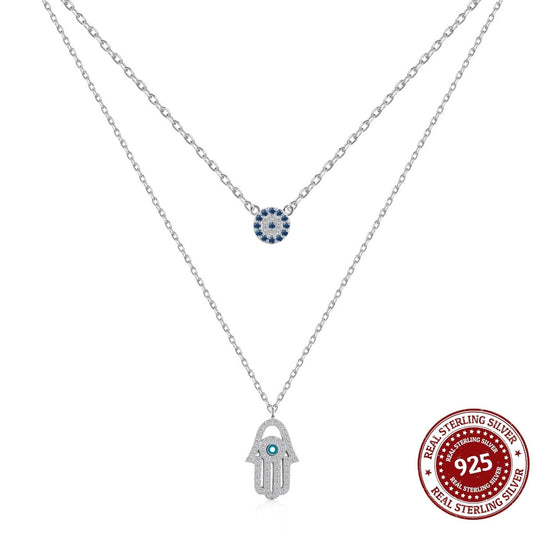 Hamsa Hand & Evil Eye Silver Necklace - OLADOR