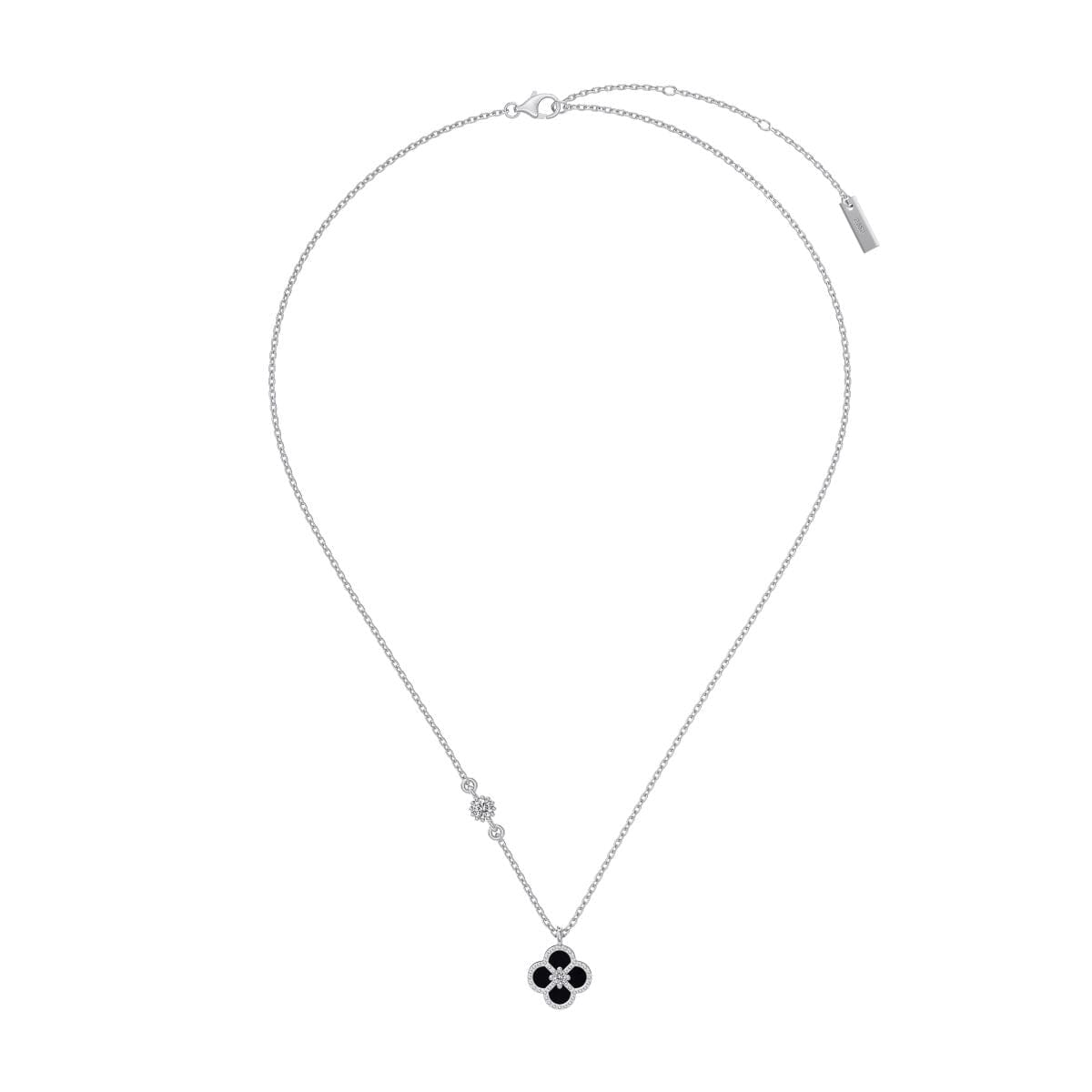 Silver necklace with black four-leaf clover pendant.
