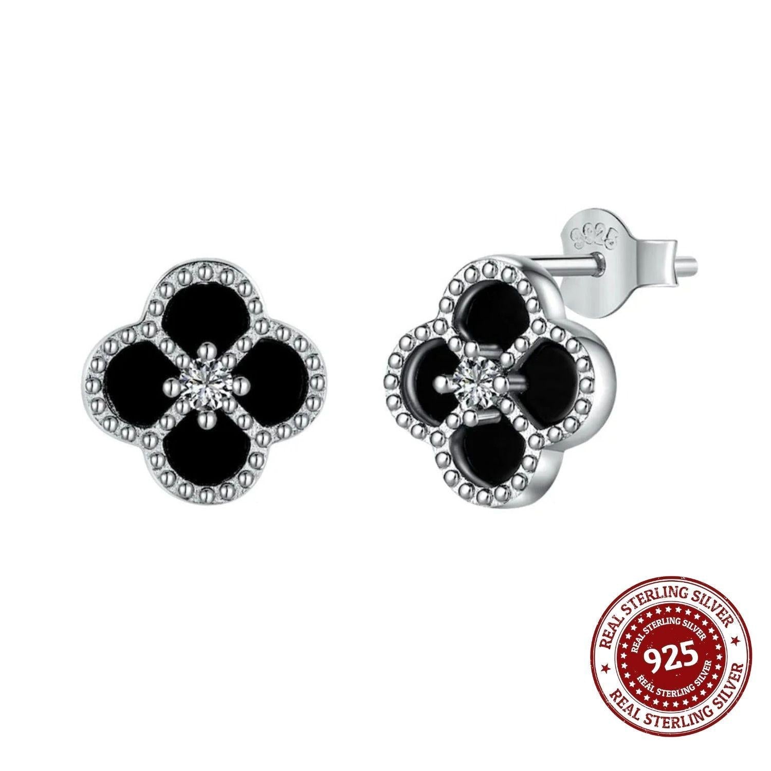 Midnight Clover Charm– Silver Stud Earrings - OLADOR