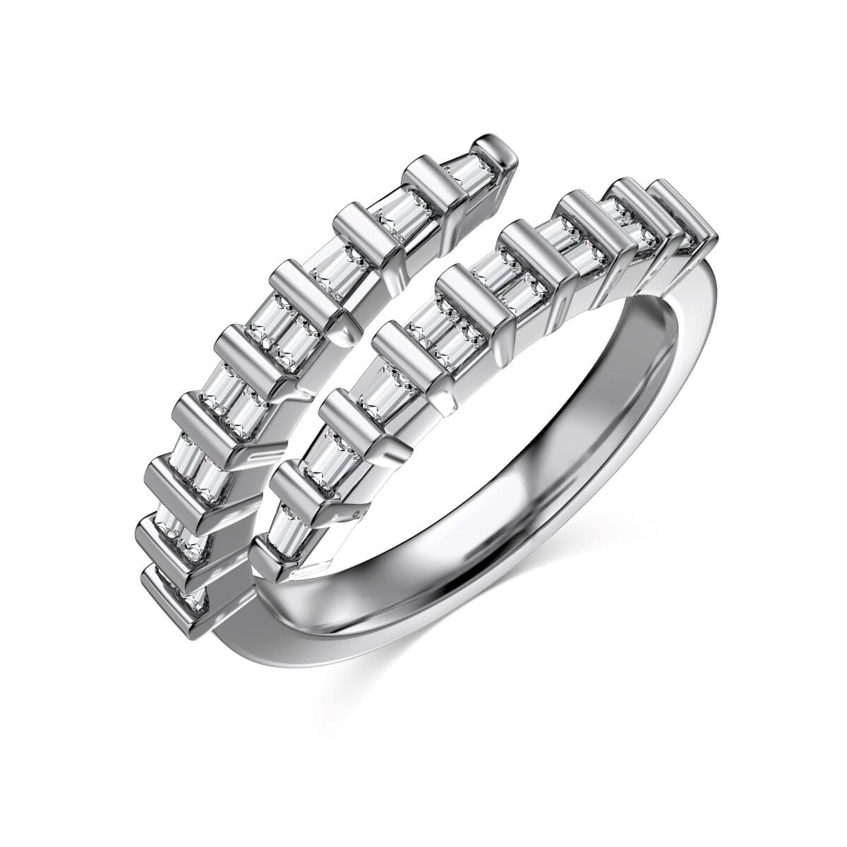 Silver ring with baguette-cut diamonds.
