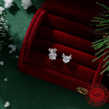Silver Christmas Reindeer & Bow Stud Earrings - OLADOR