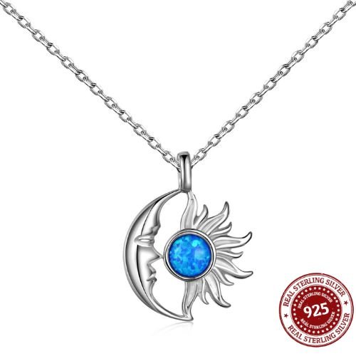 Sterling Silver Blue Opal Moon and Sun Pendant Necklace - OLADOR