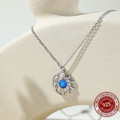 Sterling Silver Blue Opal Moon and Sun Pendant Necklace - OLADOR