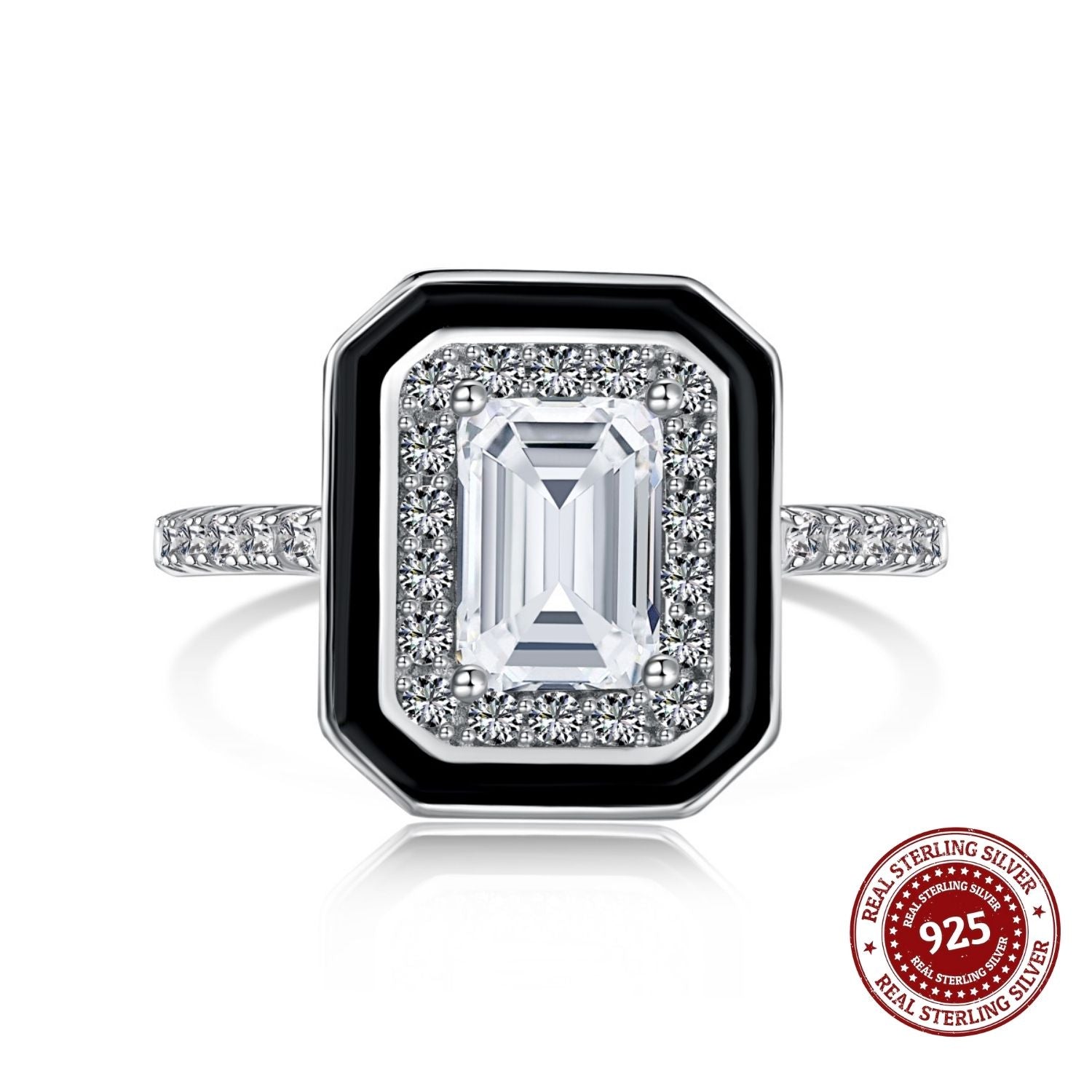 Sterling Silver CZ and Black Enamel Art Deco Ring - OLADOR