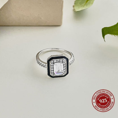 Sterling Silver CZ and Black Enamel Art Deco Ring - OLADOR