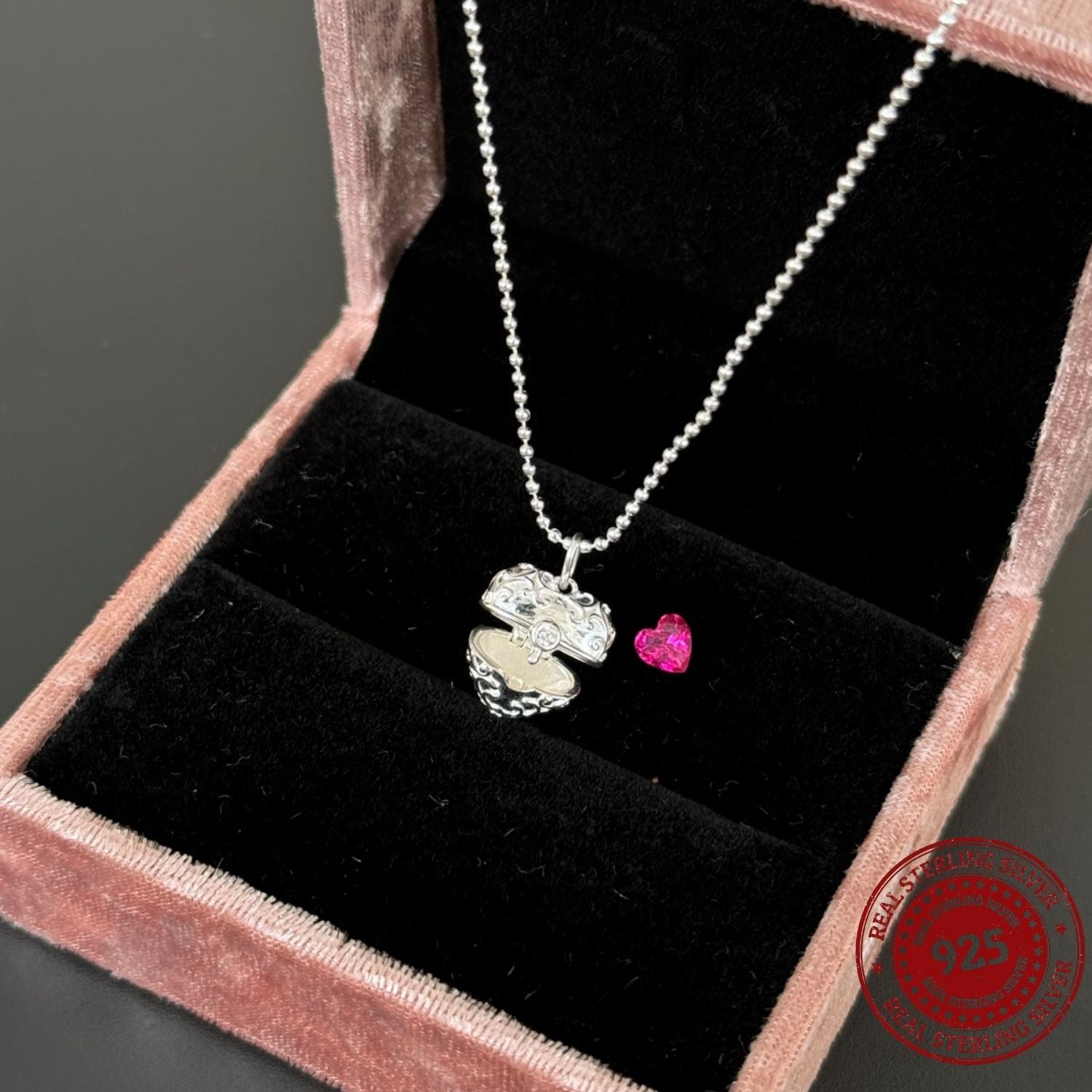 Sterling Silver Heart Locket Necklace with Hidden Pink Heart Gem - OLADOR