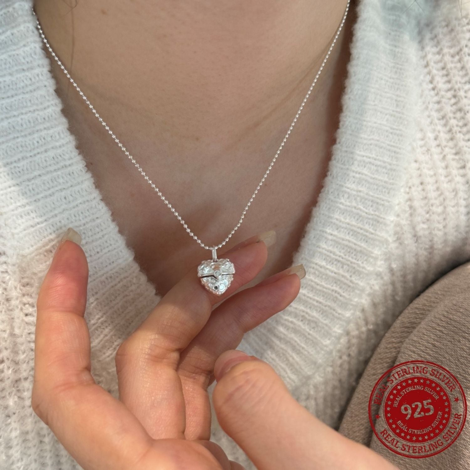 Sterling Silver Heart Locket Necklace with Hidden Pink Heart Gem - OLADOR