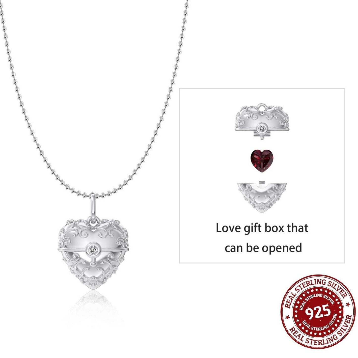 Sterling Silver Heart Locket Necklace with Hidden Pink Heart Gem - OLADOR