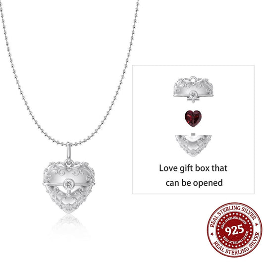 Sterling Silver Heart Locket Necklace with Hidden Pink Heart Gem - OLADOR