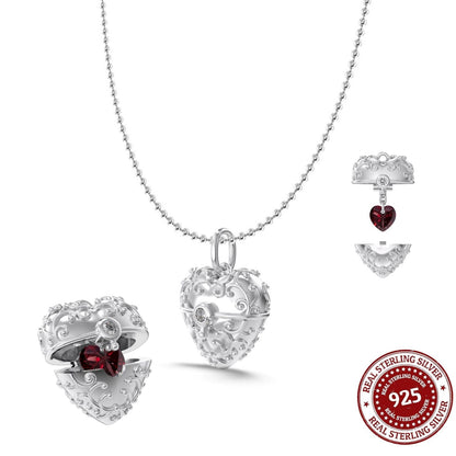 Sterling Silver Heart Locket Necklace with Hidden Pink Heart Gem - OLADOR